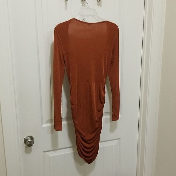 Coffee Long Sleeve Halter V-Neck Silk Bodycon Mini Dress sz Medium - Picture 12 of 14